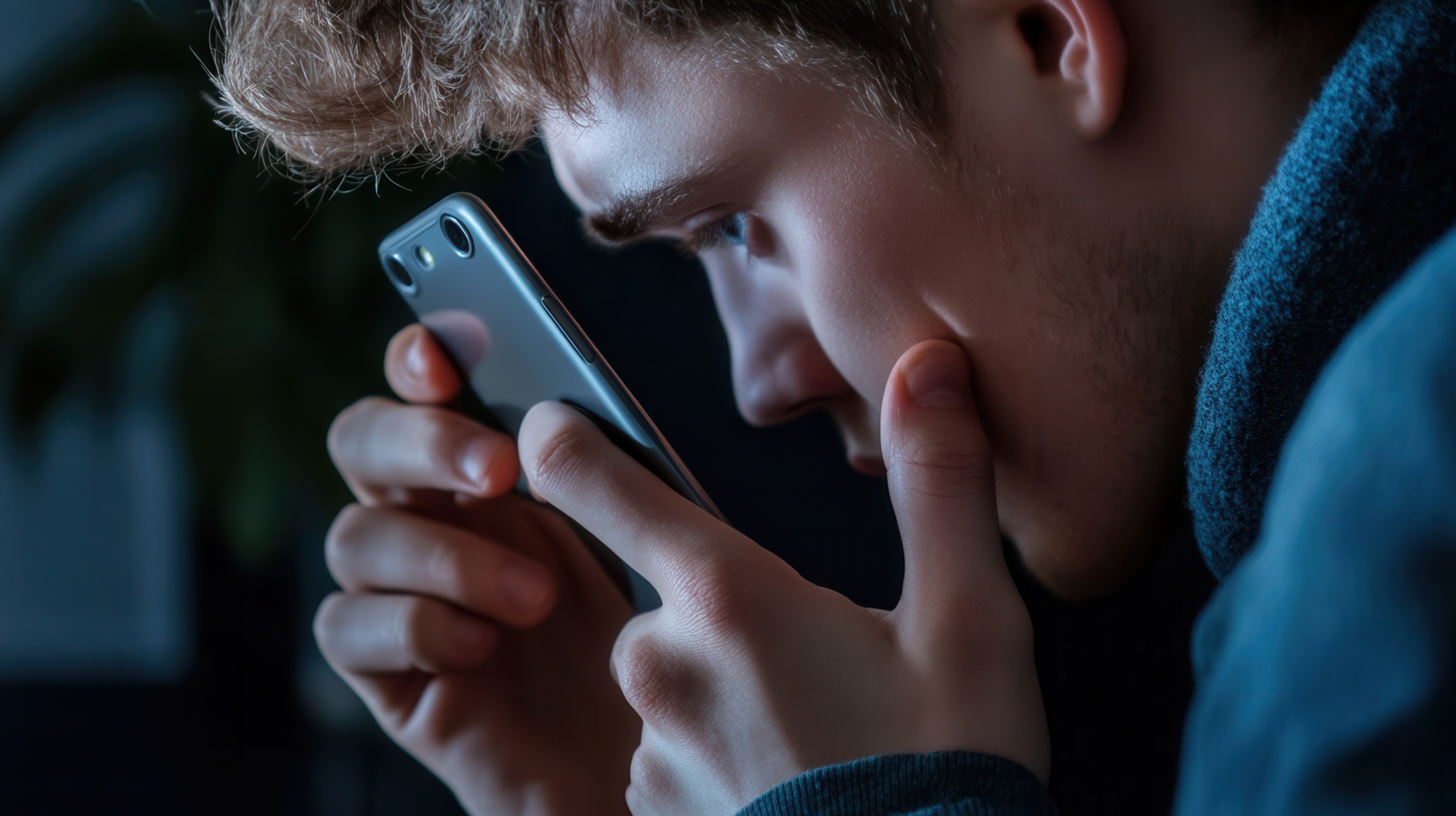 A teenage boy in a hooded jacket looks down at a smartphone held close to his face